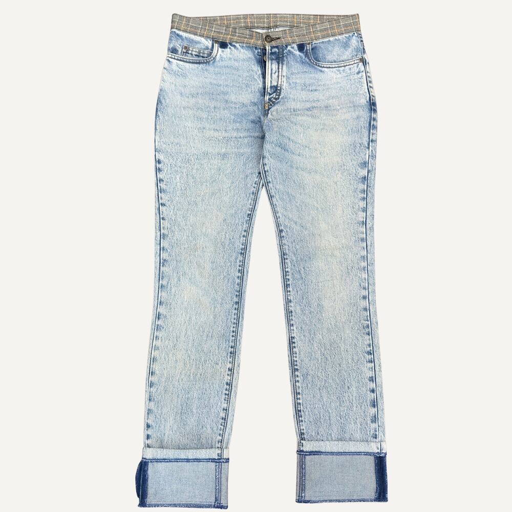 Maison Margiela Mens Line 14 Light Wash Denim Plaid Waistband Trim Jeans Size 30